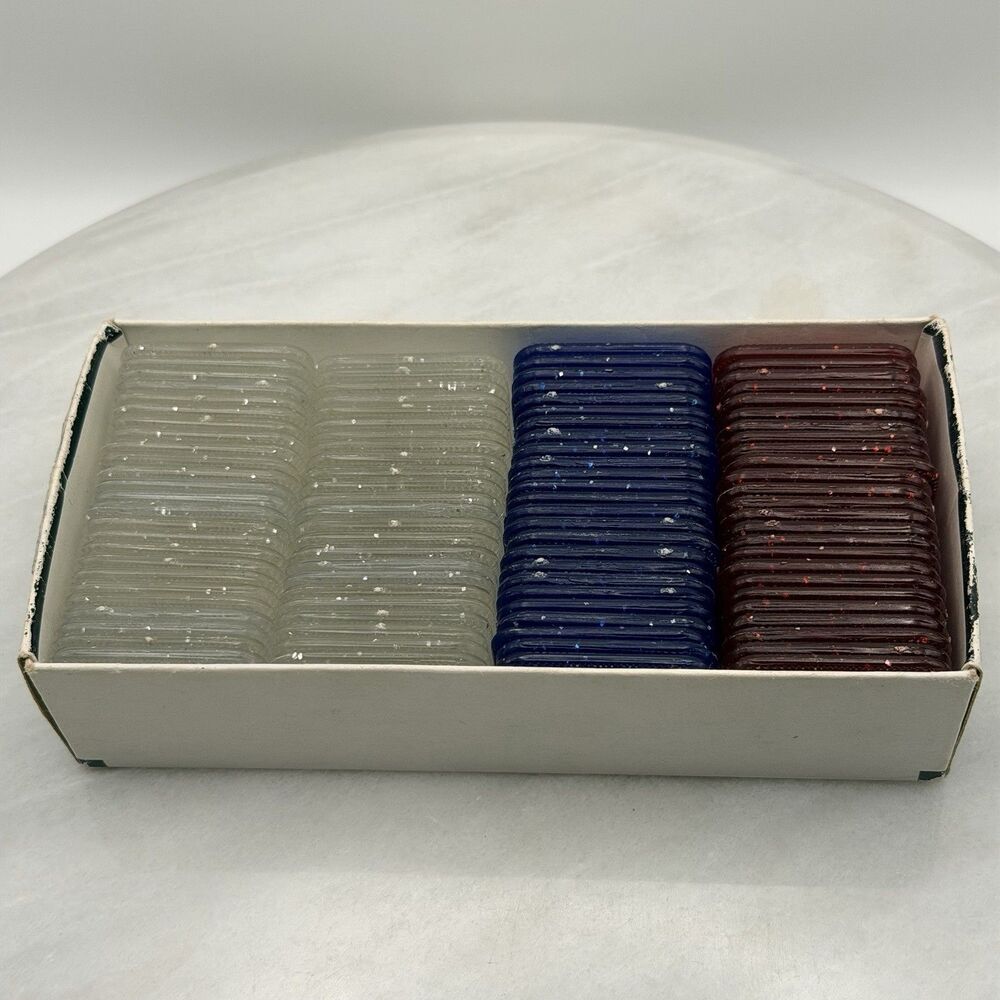 Vintage Astor Square Poker Chips 99 Red Blue Clear No Roll Original Box Hong Kon - Picture 2 of 14